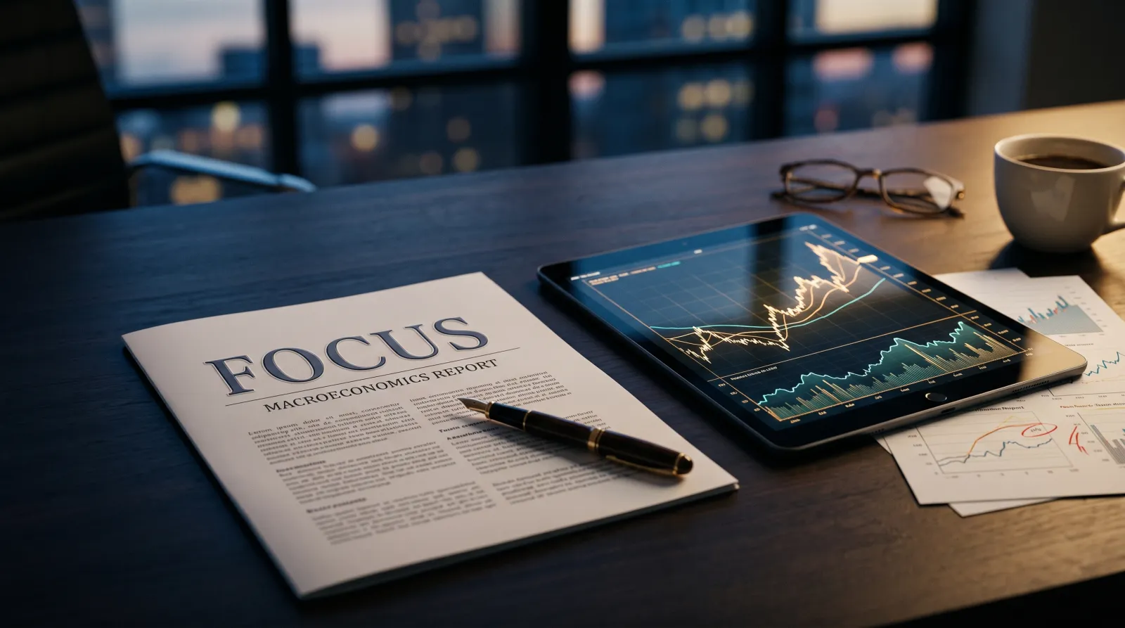 Mesa executiva organizada com documento do Relatório Focus, tablet exibindo gráficos macroeconômicos e caneta de alto padrão.
