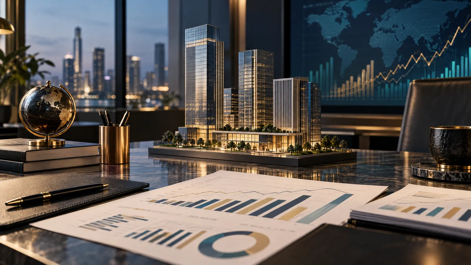 Composição editorial mostrando maquete de edifícios corporativos sobre mesa de análise financeira em ambiente sofisticado.