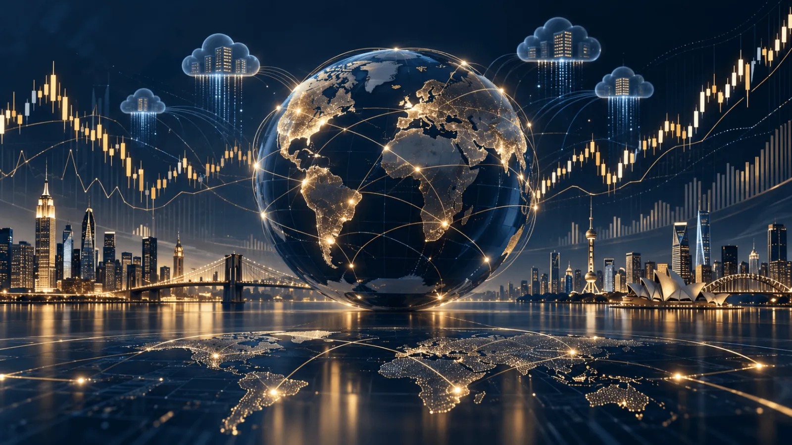 Ilustração editorial de tecnologia e mercado financeiro com representação de computação em nuvem e cotação de ações em tons azul-marinho e dourado.