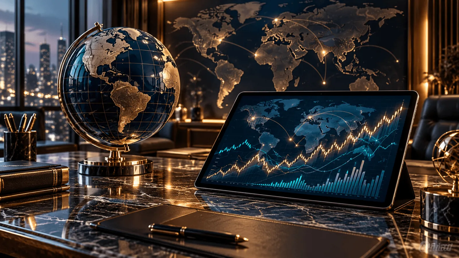 Composição editorial demonstrando conceito de investimentos globais com globo terrestre estilizado em vidro escuro e gráficos de mercados internacionais.