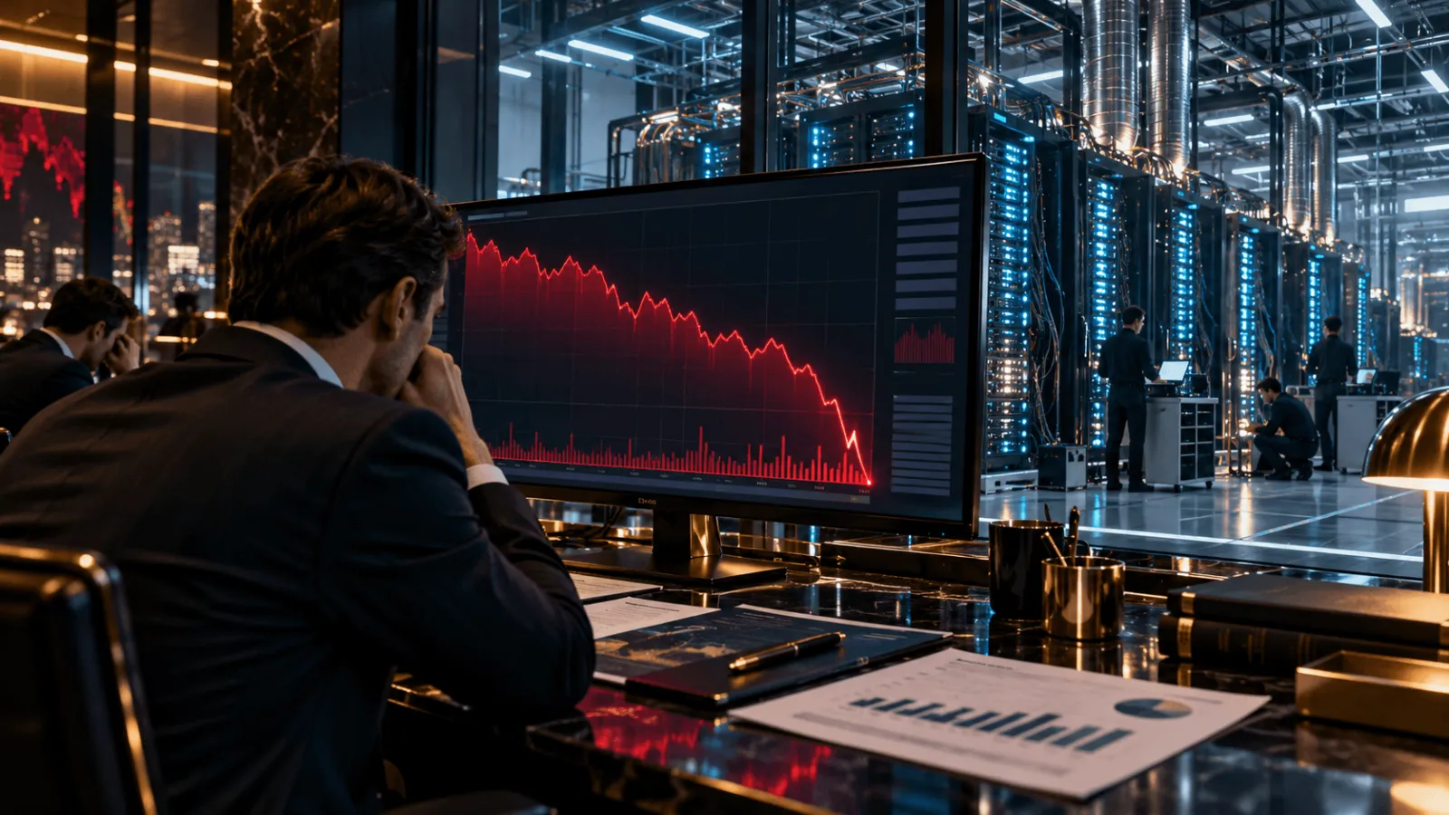 Representação editorial da queda das ações da Alphabet após a divulgação de resultados trimestrais, com gráfico financeiro descendente e infraestrutura de inteligência artificial em um ambiente tecnológico sofisticado.