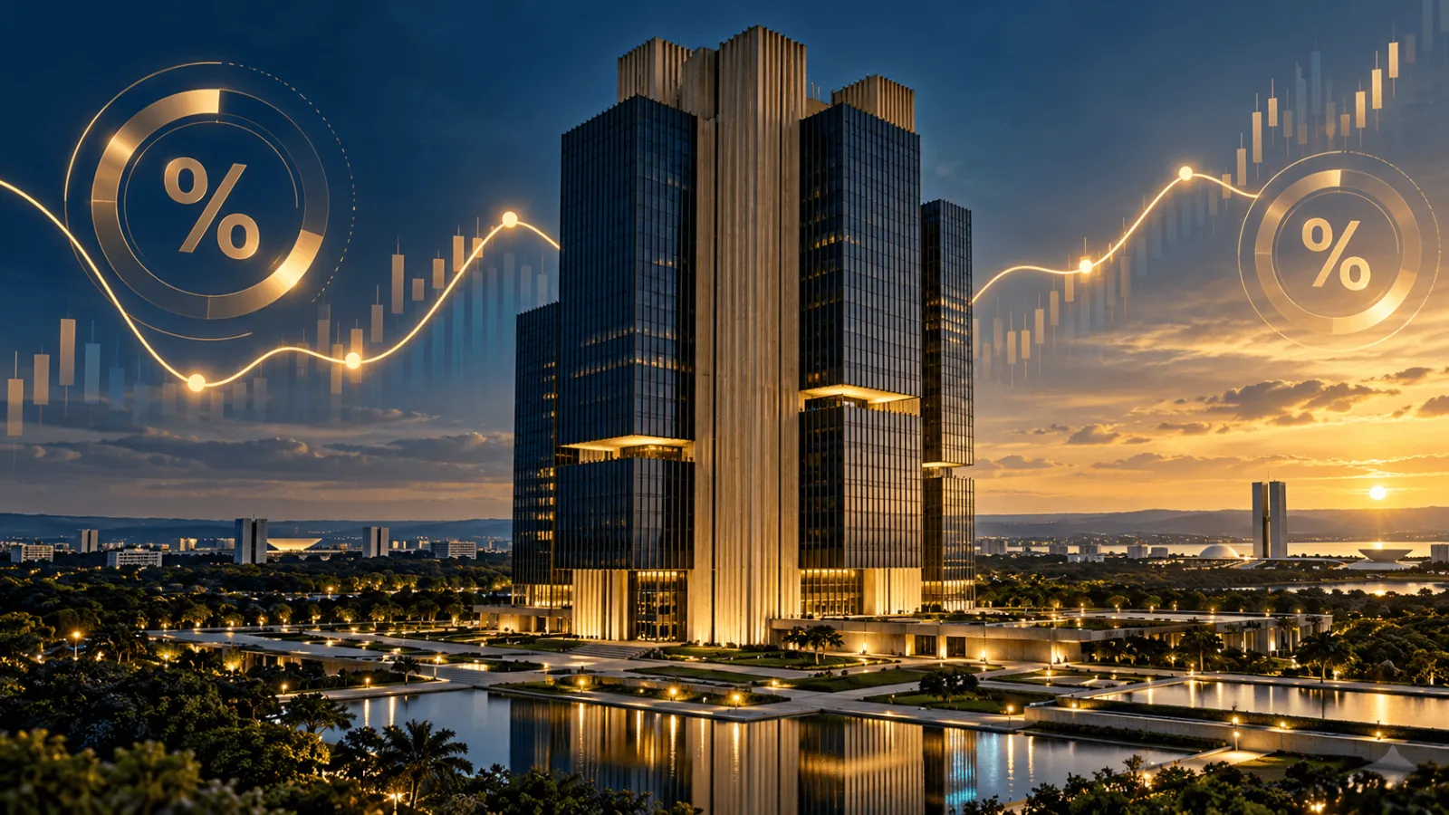 Sede do Banco Central do Brasil em Brasília iluminada em tons de azul e dourado durante reunião do Copom