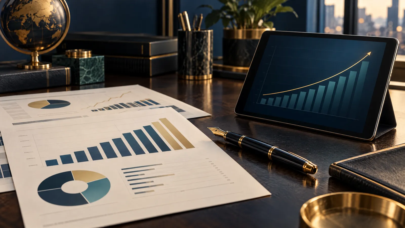 Composição editorial sofisticada exibindo relatórios de governança corporativa, planilha de rendimentos e gráficos de crescimento em mesa executiva.