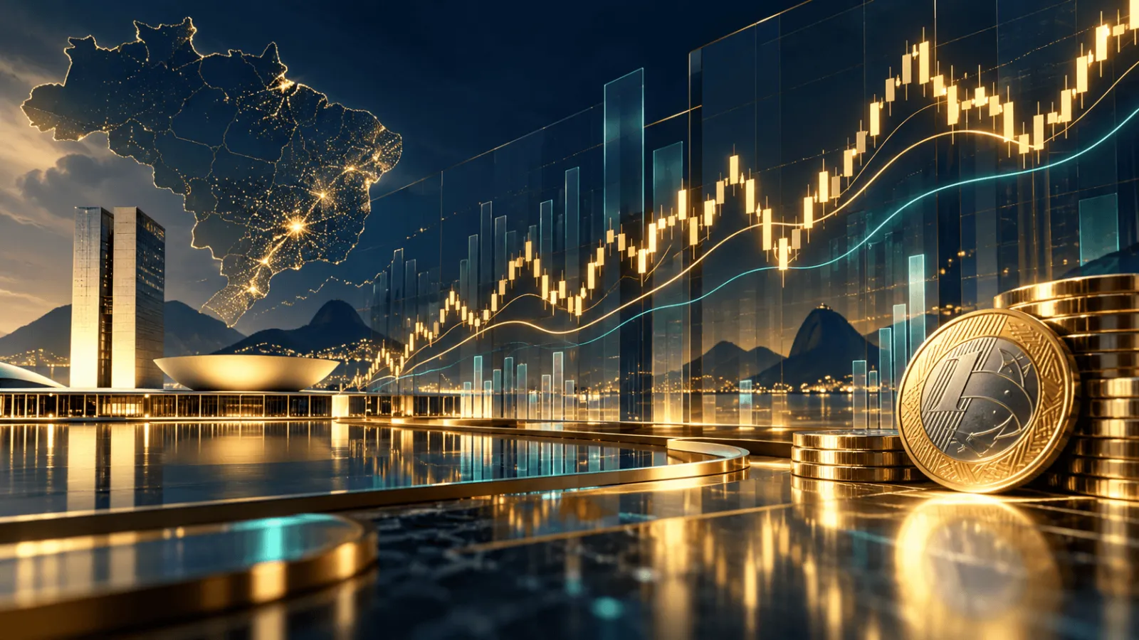 Painel de cotações financeiras em azul-marinho e dourado mostrando o avanço do Ibovespa e recuo do dólar