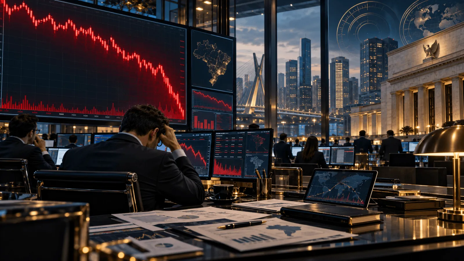 Painel financeiro com gráfico vermelho em queda representando a desvalorização do Ibovespa, diante de um ambiente institucional de mercado e referências visuais ao câmbio e aos juros internacionais.